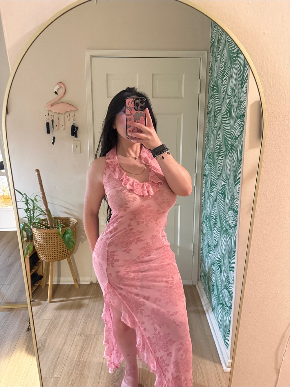 PrettyLittleThing Pink Ruffle Halter Floral Maxi